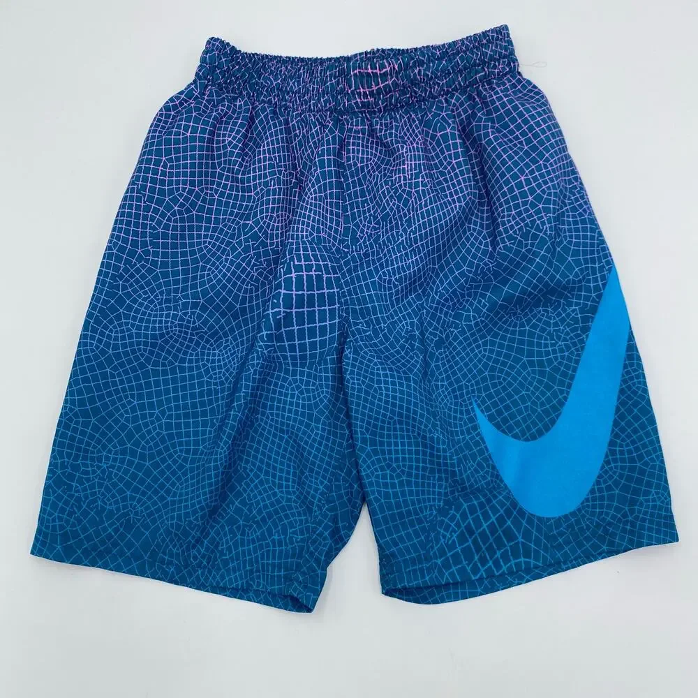 Nike Boy's Blue Graphics Swoosh Logo Swim Shorts with Lining Size S